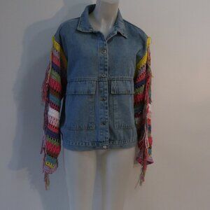 NWT Womens Regina Blue Multicolor Crochet Knit Sleeves Denim Jean Jacket S